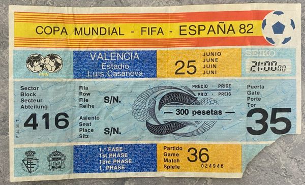 1982 ORIGINAL WORLD CUP TICKET SPAIN V NORTHERN IRELAND @VALENCIA