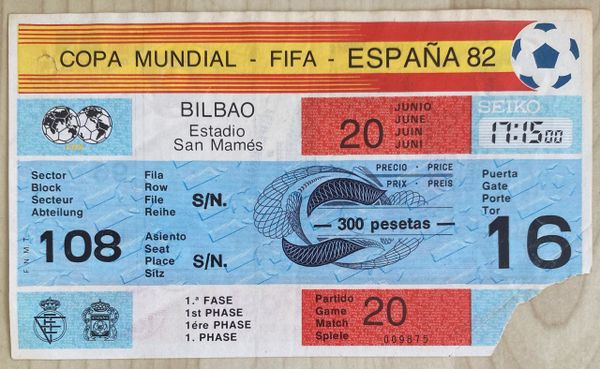 1982 ORIGINAL WORLD CUP TICKET ENGLAND V CZECHOSLOVAKIA @BILBAO