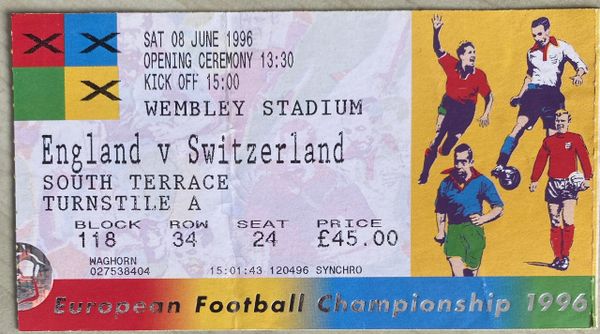 1996 ORIGINAL OPENING GAME EURO 96 1ST ROUND TICKET SWITZERLAND V ENGLAND @WEMBLEY A118