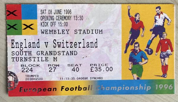 1996 ORIGINAL OPENING GAME EURO 96 1ST ROUND TICKET SWITZERLAND V ENGLAND @WEMBLEY M224