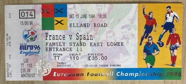 1996 ORIGINAL UNUSED EURO 96 1ST ROUND TICKET FRANCE V SPAIN @ELLAND ROAD, LEEDS