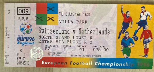 1996 ORIGINAL UNUSED EURO 96 1ST ROUND TICKET SWITZERLAND V NETHERLANDS @VILLA PARK, BIRMINGHAM