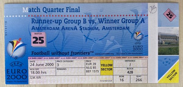 2000 ORIGINAL UNUSED EUROPEAN CHAMPIONSHIPS QUARTER FINAL TICKET TURKEY V PORTUGAL @AMSTERDAM ARENA