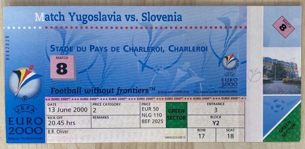 2000 ORIGINAL UNUSED EUROPEAN CHAMPIONSHIPS 1ST ROUND TICKET YUGOSLAVIA V SLOVENIA @CHARLEROI