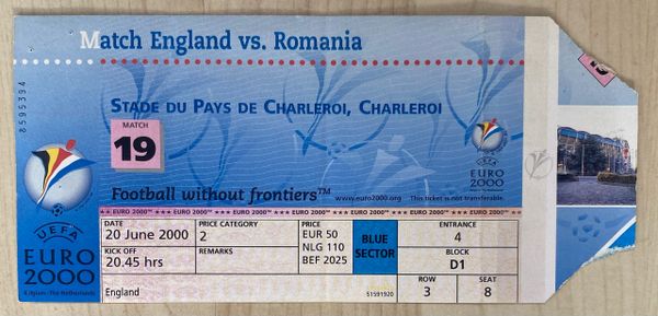 2000 ORIGINAL EUROPEAN CHAMPIONSHIPS 1ST ROUND TICKET ENGLAND V ROMANIA @CHARLEROI