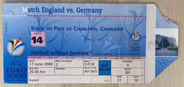 2000 ORIGINAL EUROPEAN CHAMPIONSHIPS 1ST ROUND TICKET ENGLAND V GERMANY @CHARLEROI