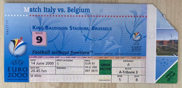 2000 ORIGINAL EUROPEAN CHAMPIONSHIPS 1ST ROUND TICKET ITALY V BELGIUM @ BRUSSELS
