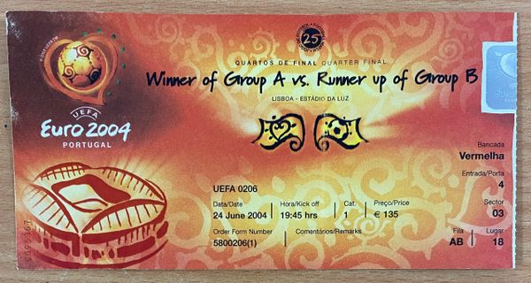 2004 ORIGINAL EUROPEAN CHAMPIONSHIPS QUARTER FINAL TICKET ENGLAND V PORTUGAL @LISBON