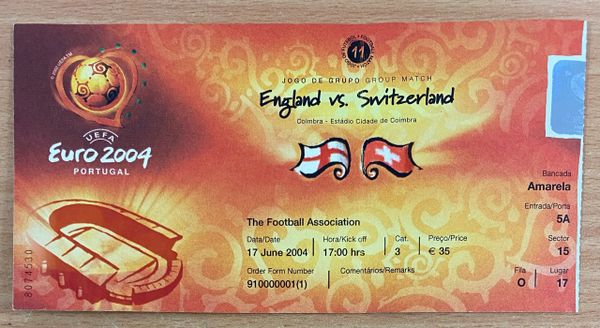 2004 ORIGINAL EUROPEAN CHAMPIONSHIPS 1ST ROUND TICKET ENGLAND V SWITZERLAND @COIMBRA