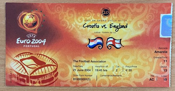 2004 ORIGINAL EUROPEAN CHAMPIONSHIPS 1ST ROUND TICKET ENGLAND V CROATIA @LISBON