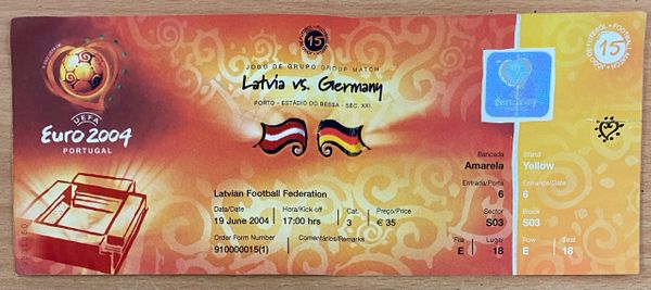 2004 ORIGINAL UNUSED EUROPEAN CHAMPIONSHIPS 1ST ROUND TICKET LATVIA V GERMANY @PORTO