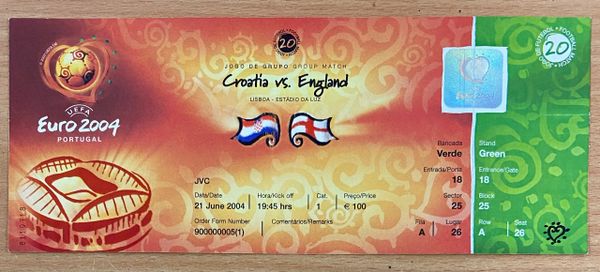 2004 ORIGINAL UNUSED EUROPEAN CHAMPIONSHIPS 1ST ROUND TICKET ENGLAND V CROATIA @LISBON