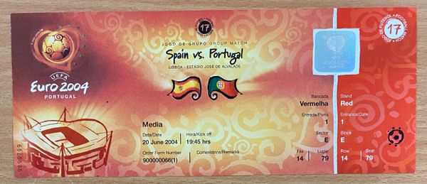 2004 ORIGINAL UNUSED EUROPEAN CHAMPIONSHIPS TICKET SPAIN V PORTUGAL @LISBON