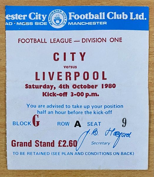 1980/81 ORIGINAL DIVISION ONE TICKET MANCHESTER CITY V LIVERPOOL