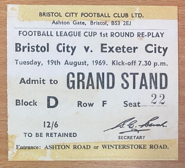 1969/70 ORIGINAL LEAGUE CUP 1ST ROUND REPLAY TICKET BRISTOL CITY V EXETER CITY