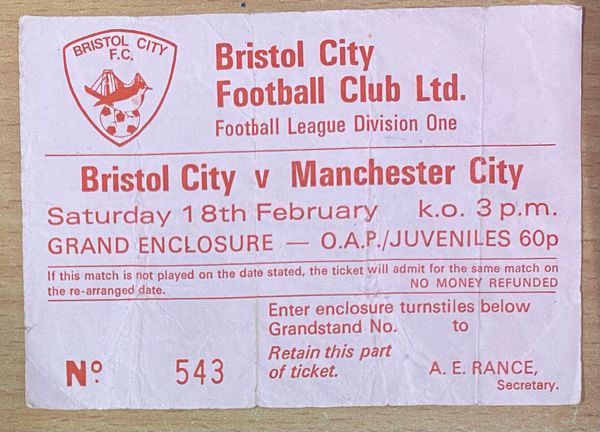 1976/77 ORIGINAL DIVISION ONE TICKET BRISTOL CITY V MANCHESTER CITY