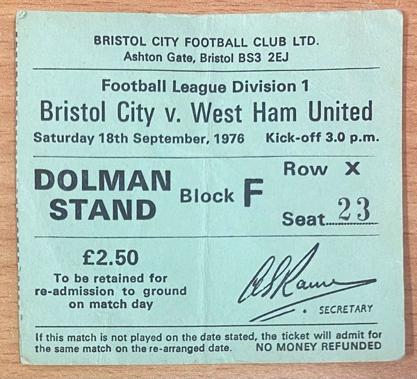 1976/77 ORIGINAL DIVISION ONE TICKET BRISTOL CITY V WEST HAM UNITED