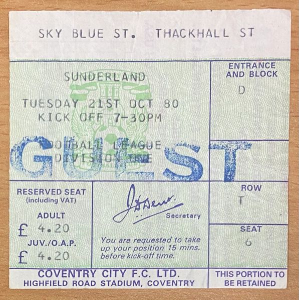 1980/81 ORIGINAL DIVISION ONE TICKET COVENTRY CITY V SUNDERLAND