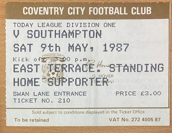 1986/87 ORIGINAL DIVISION ONE TICKET COVENTRY CITY V SOUTHAMPTON