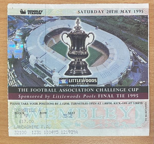 1995 ORIGINAL FA CUP FINAL TICKET MANCHESTER UNITED V EVERTON (LANCASHIRE FA ALLOCATION)