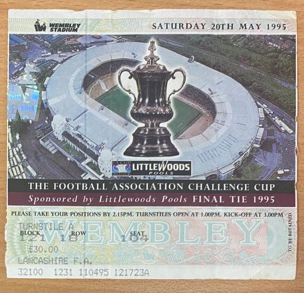 1995 ORIGINAL FA CUP FINAL TICKET MANCHESTER UNITED V EVERTON (LANCASHIRE FA ALLOCATION)