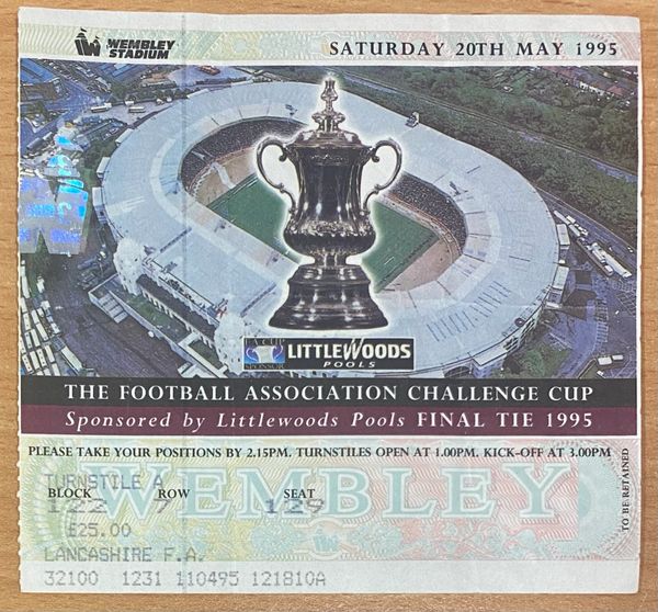 1995 ORIGINAL FA CUP FINAL TICKET MANCHESTER UNITED V EVERTON (LANCASHIRE FA ALLOCATION)