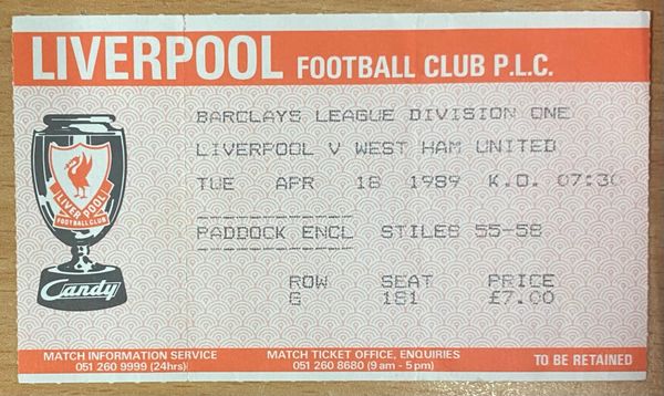 1988/89 ORIGINAL DIVISION ONE TICKET LIVERPOOL V WEST HAM UNITED