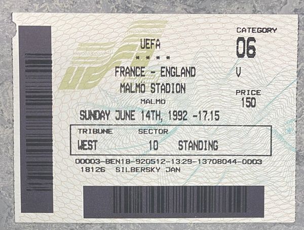 1992 ORIGINAL EURO 92 1ST ROUND TICKET FRANCE V ENGLAND @MALMO