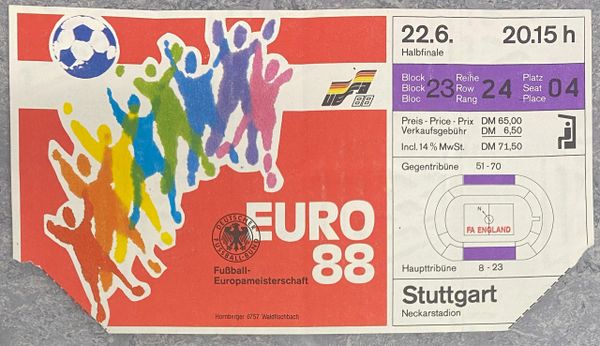 1988 ORIGINAL EURO 88 SEMI FINAL TICKET SOVIET UNION V ITALY @STUTTGART