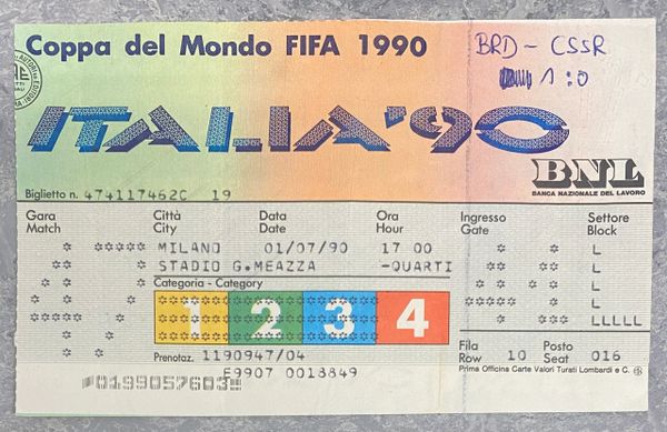 1990 ORIGINAL WORLD CUP QUARTER FINAL TICKET WEST GERMANY V CZECHOSLOVAKIA @ MILAN