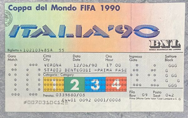 1990 ORIGINAL WORLD CUP 1ST ROUND TICKET BELGIUM V SOUTH KOREA @ VERONA