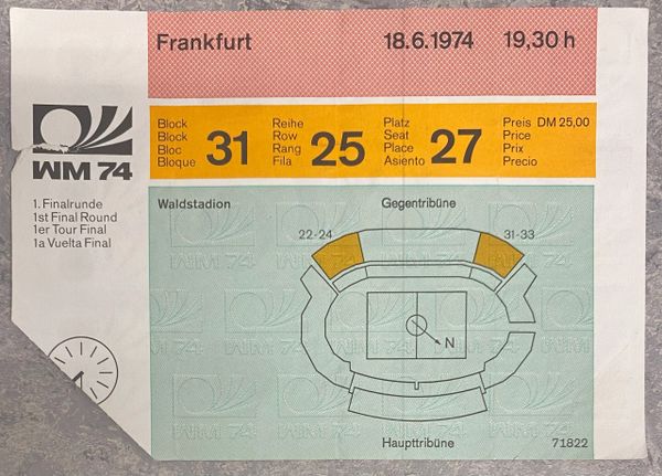 1974 ORIGINAL WORLD CUP 1ST ROUND TICKET BRAZIL V SCOTLAND @ FRANKFURT