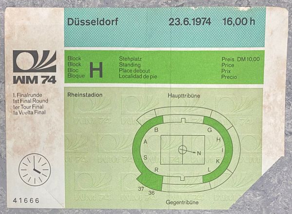 1974 ORIGINAL WORLD CUP 1ST ROUND TICKET SWEDEN V URUGUAY @ DUSSELDORF