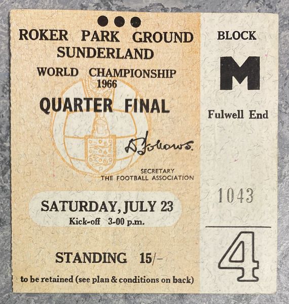 1966 ORIGINAL WORLD CUP QUARTER FINAL TICKET HUNGARY V SOVIET UNION @ ROKER PARK