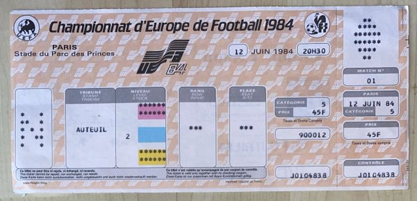 1984 ORIGINAL EURO 84 UNUSED 1ST ROUND TICKET FRANCE V DENMARK @ PARC DE PRINCES, PARIS