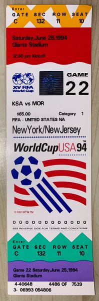 1994 ORIGINAL WORLD CUP UNUSED TICKET SAUDI ARABIA V MOROCCO @ GIANTS STADIUM, NEW YORK