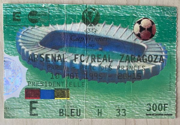 1994/95 ORIGINAL EUROPEAN CUP WINNERS CUP FINAL REAL ZARAGOZA V ARSENAL @PARC DE PRINCES, PARIS (ARSENAL ALLOCATION)