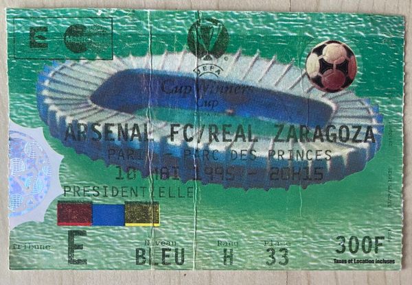 1994/95 ORIGINAL EUROPEAN CUP WINNERS CUP FINAL REAL ZARAGOZA V ARSENAL @PARC DE PRINCES, PARIS (ARSENAL ALLOCATION)