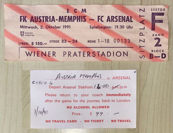 1991/92 ORIGINAL EUROPEAN CUP 1ST ROUND 2ND LEG AUSTRIA WIEN V ARSENAL AND COACH TICKET