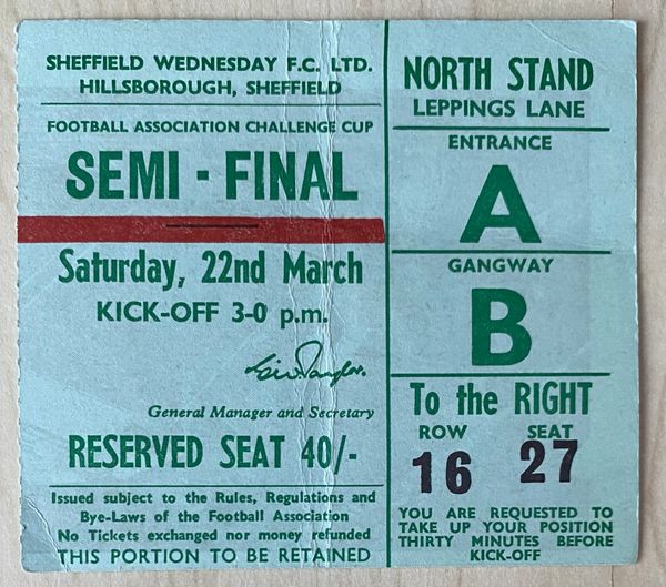 1969 ORIGINAL FA CUP SEMI FINAL TICKET LEICESTER CITY V WEST BROMWICH ALBION @HILLSBOROUGH