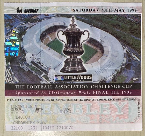 1995 ORIGINAL FA CUP FINAL TICKET MANCHESTER UNITED V EVERTON (LANCASHIRE FA ALLOCATION)