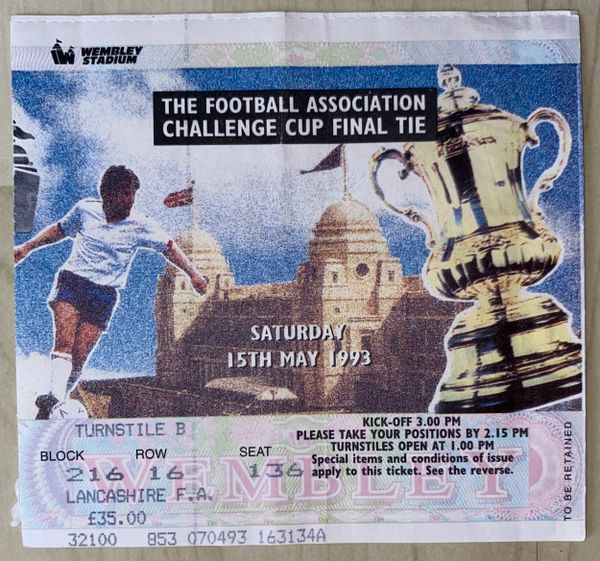 1993 ORIGINAL FA CUP FINAL TICKET ARSENAL V SHEFFIELD WEDNESDAY B 216 16 136