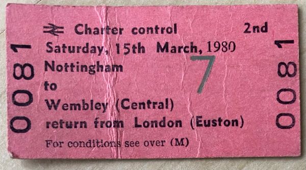 1980 ORIGINAL BRITISH RAIL FOOTBALL SPECIAL TICKET LEAGUE CUP FINAL NOTTINGHAM FOREST AT WEMBLEY V WOLVERHAMPTON WANDERERS