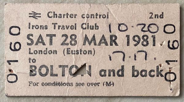 1980/81 ORIGINAL BRITISH RAIL FOOTBALL SPECIAL TICKET DIVISION TWO WEST HAM UNITED AT BOLTON WANDERERS