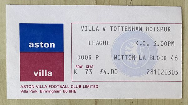 1982/83 ORIGINAL DIVISION ONE TICKET ASTON VILLA V TOTTENHAM HOTSPUR