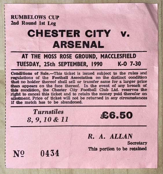 1990/91 ORIGINAL RUMBELOWS CUP 2ND ROUND 1ST LEG TICKET CHESTER CITY V ARSENAL (VISITORS END)