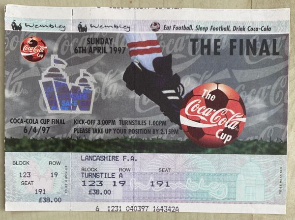 1997 ORIGINAL UNUSED COCA COLA LEAGUE CUP FINAL TICKET MIDDLESBROUGH V LEICESTER CITY (LANCASHIRE FA ALLOCATION)