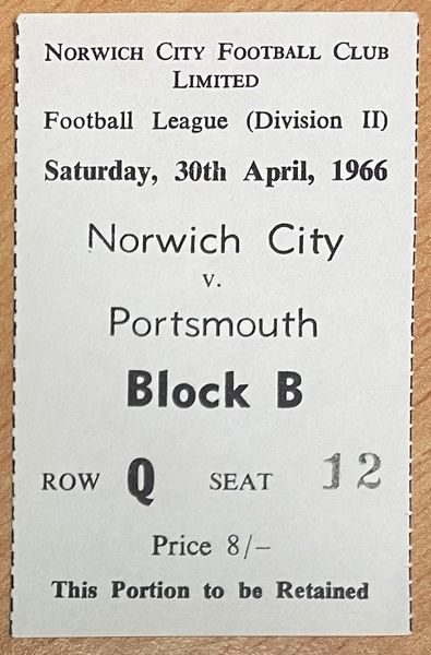 1965/66 ORIGINAL DIVISION TWO TICKET NORWICH CITY V PORTSMOUTH
