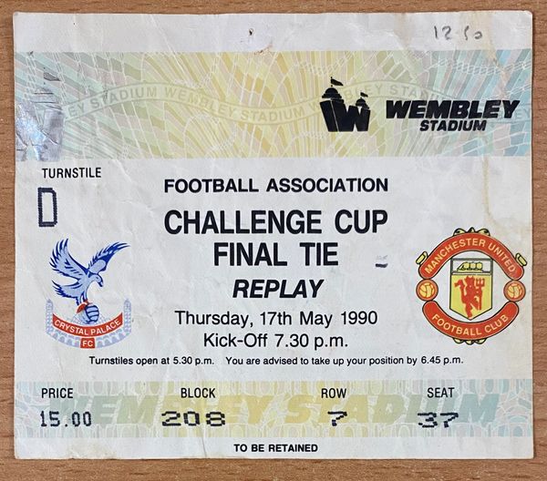 1990 ORIGINAL FA CUP FINAL REPLAY TICKET MANCHESTER UNITED V CRYSTAL PALACE D 208 7 37