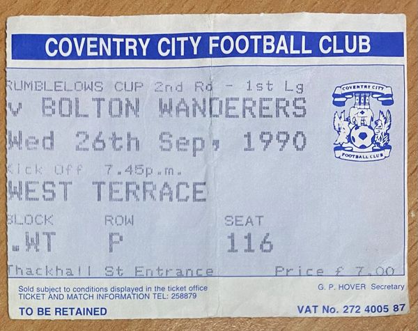 1990/91 ORIGINAL RUMBELOWS CUP 2ND ROUND 1ST LEG TICKET COVENTRY CITY V BOLTON WANDERERS